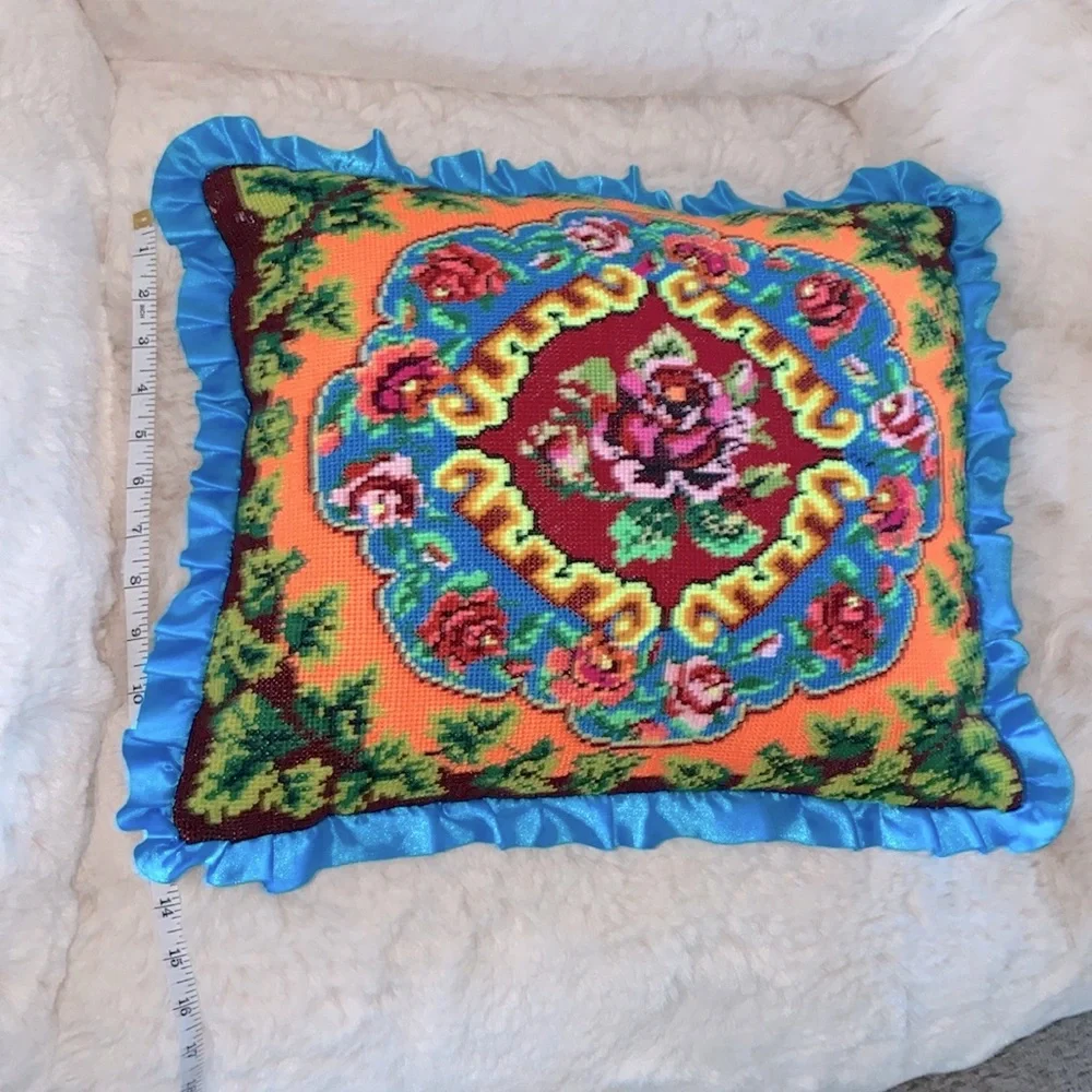 Handmade Ukrainian Pillow Floral Decorative Aqua Ruffled Vintage‎ 18